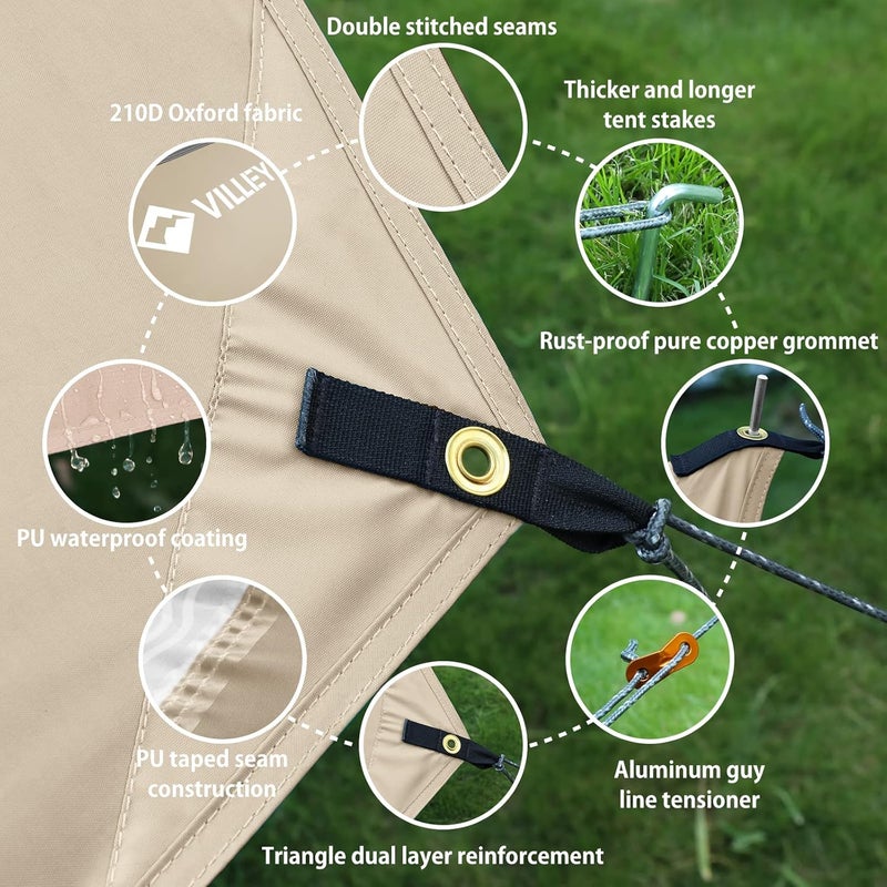 VILLEY Hammock Tent Rain Fly, Octagonal Waterproof Camping Tarp, Sun Shelter for Camping, Backpacking, Hiking, Accessory Includes Stakes, Ropes and Carry Bag (Khaki) - Image 2